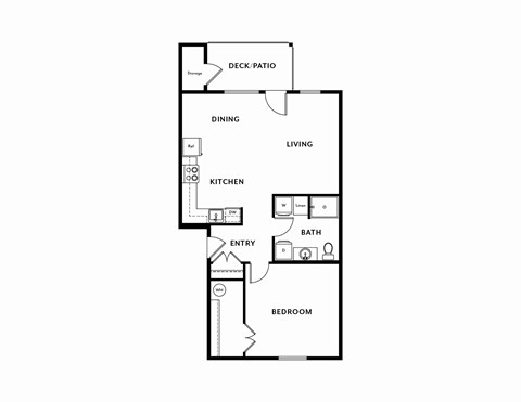 A floor plan of a small apartment with a kitchen, living room, and bathroom.